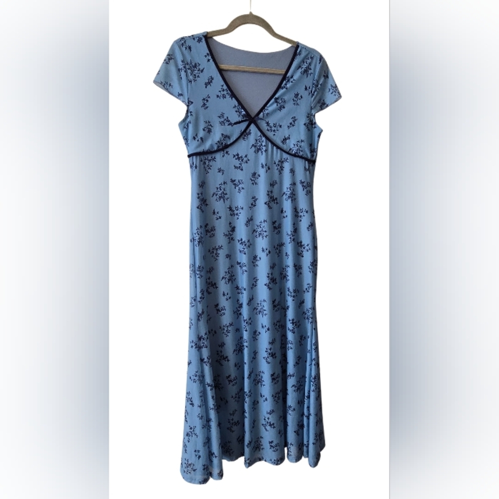 Blue Floral Mesh Dress Midi Length - Size Large - Picture 2 of 5
